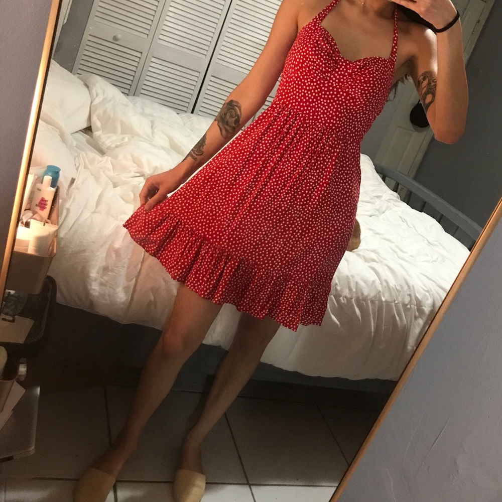 Red and white polka dot halter dress